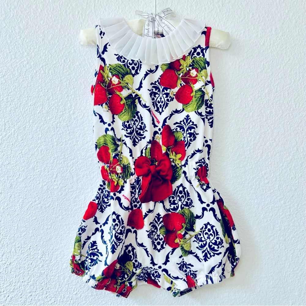 ♥️HP Monnalisa Strawberry Shortie Romper 18M Red White Blue Bow Snaps Worn Once